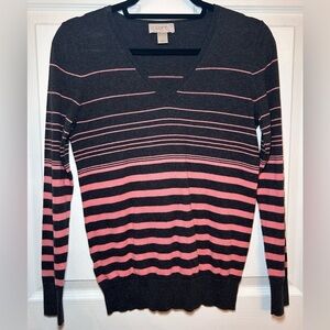 Ann Taylor LOFT V-Neck Striped Sweater- Pink/Gray Size X-Small
